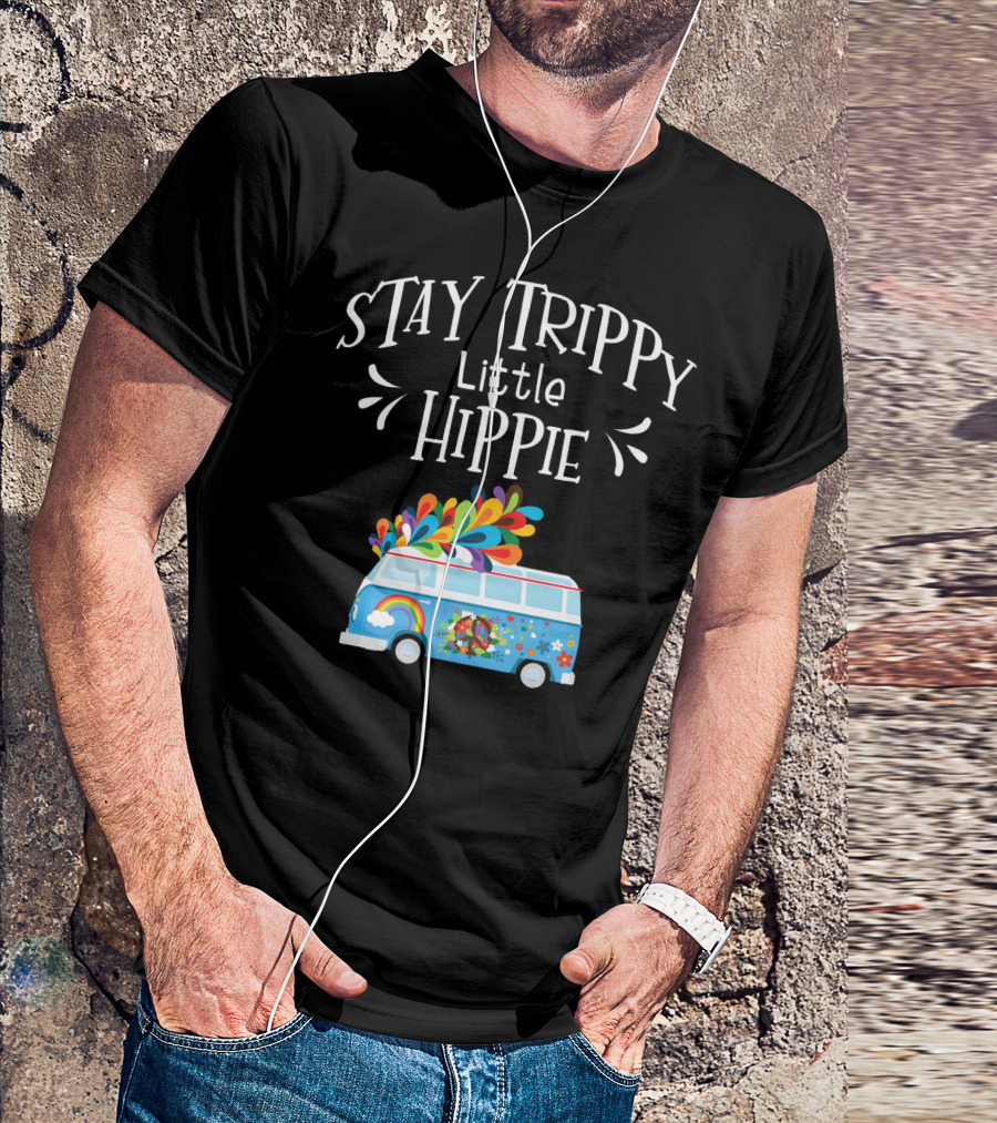 Stay Trippy Little Hippie Colorful Van With Peace And Rainbow Symbols T-Shirt