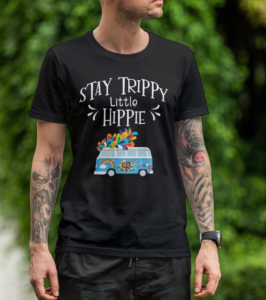 Stay Trippy Little Hippie Colorful Van With Peace And Rainbow Symbols T-Shirt