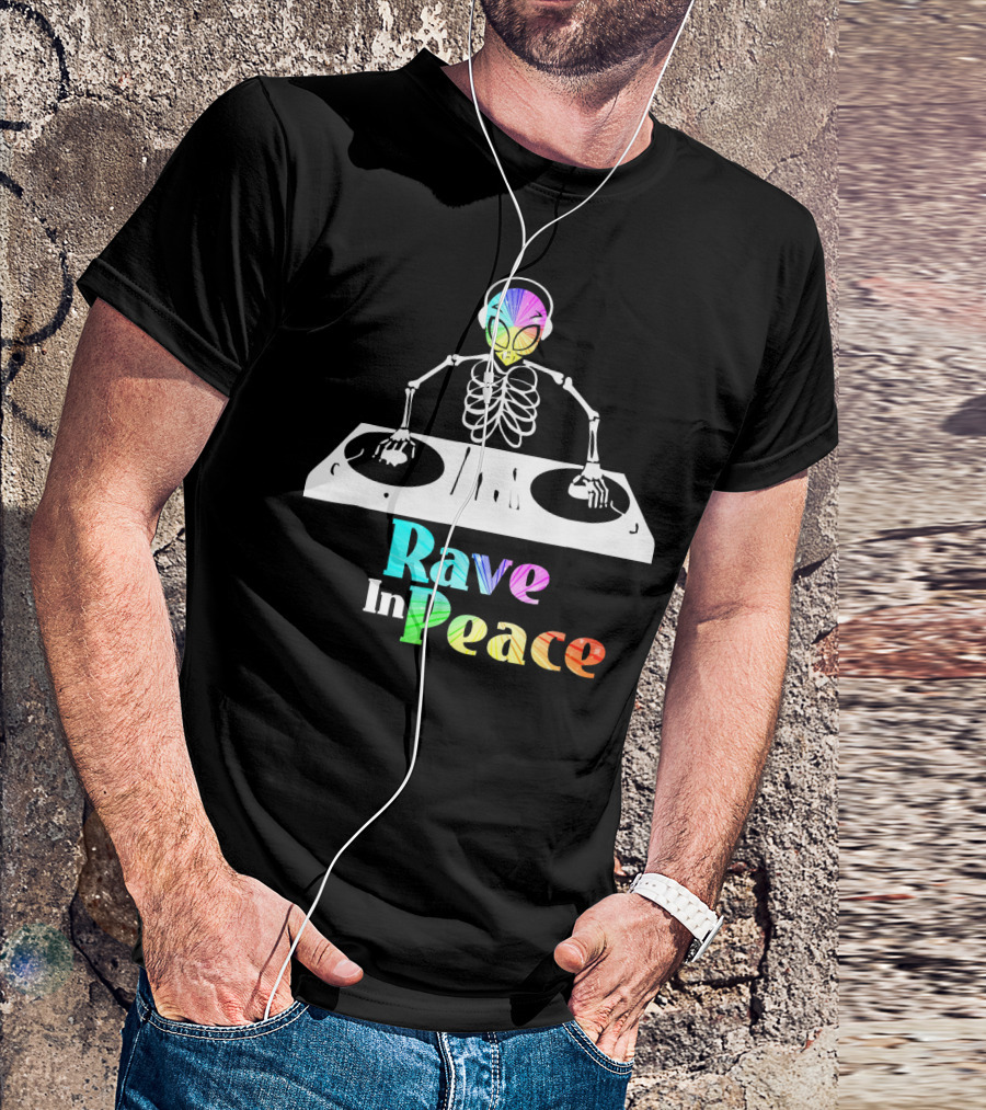 Rave In Peace Colorful DJ Alien Skeleton T-Shirt