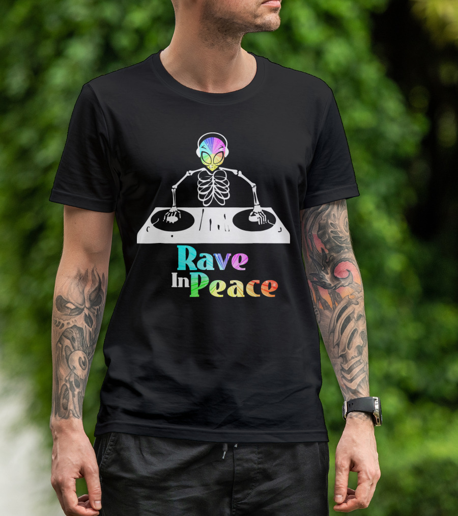 Rave In Peace Colorful DJ Alien Skeleton T-Shirt