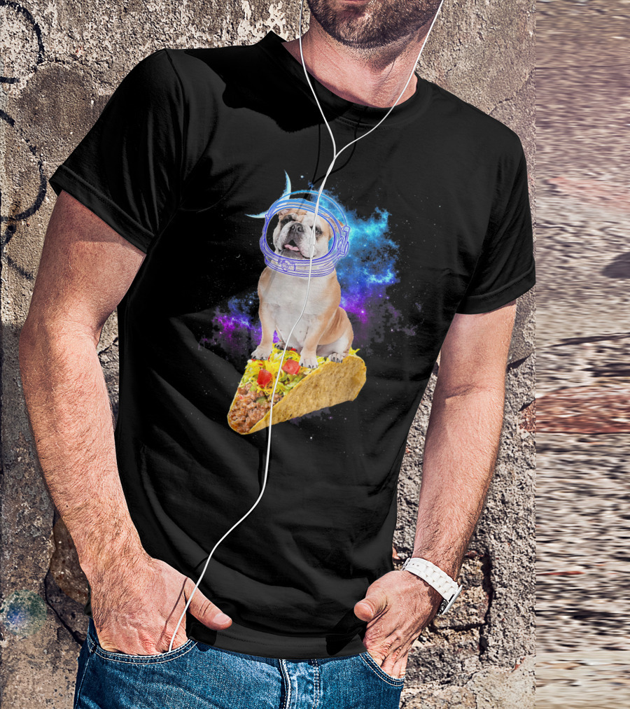 Space English Bulldog Astronaut Riding Taco In Galaxy T-Shirt