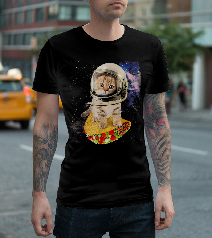 Space Cat Riding Tacos in Astronaut Helmet Galaxy Adventure T-Shirt