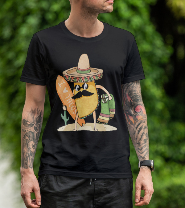 I Love Tacos Funny Mexican Surfing Beach T-Shirt