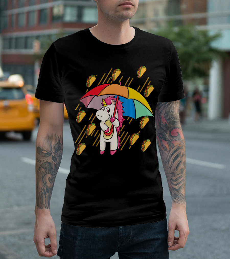 Raining Tacos Unicorn with Rainbow Umbrella T-Shirt