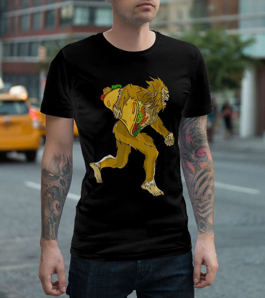 Bigfoot Running with Giant Taco in Hand for Exercise Scene T-Shirt