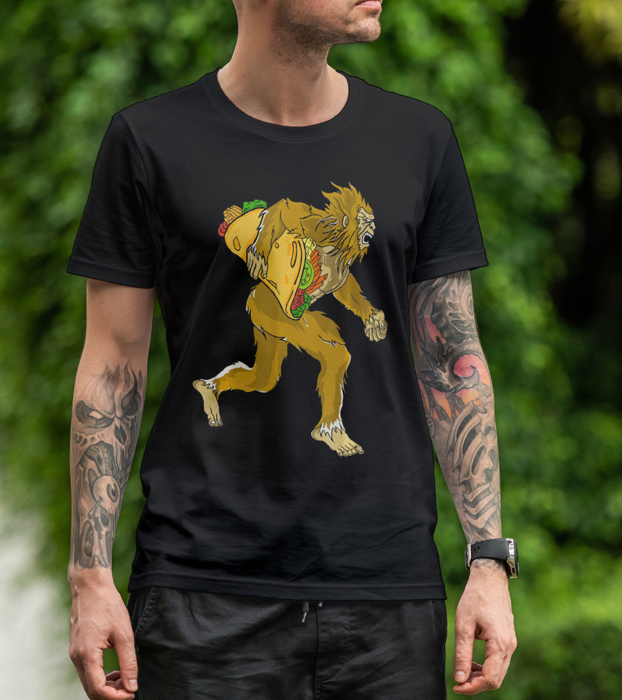Bigfoot Running With Giant Taco In Hand For Exercise Scene T-Shirt