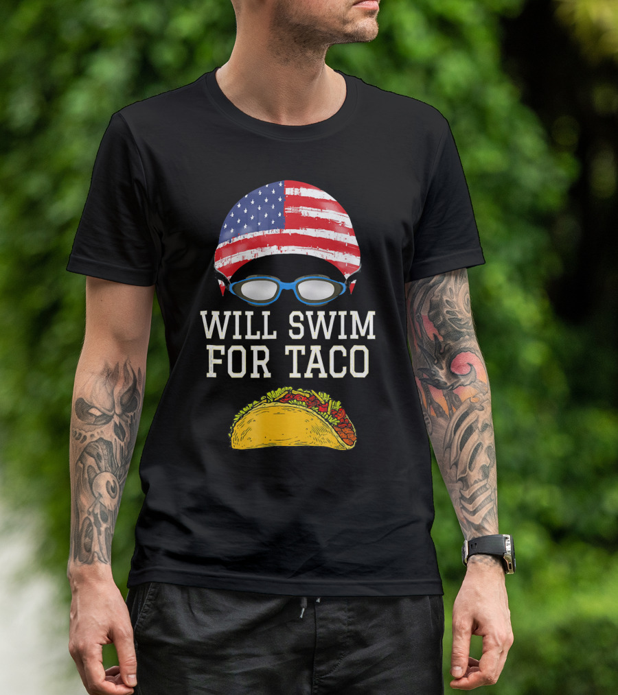 Will Swim For Taco Funny Swimming Goggles American Flag Cap T-Shirt