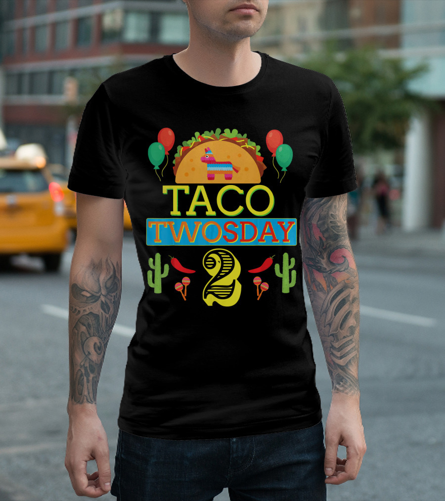 Taco Twosday Birthday Two Year Celebration with Piñata and Cactus T-Shirt