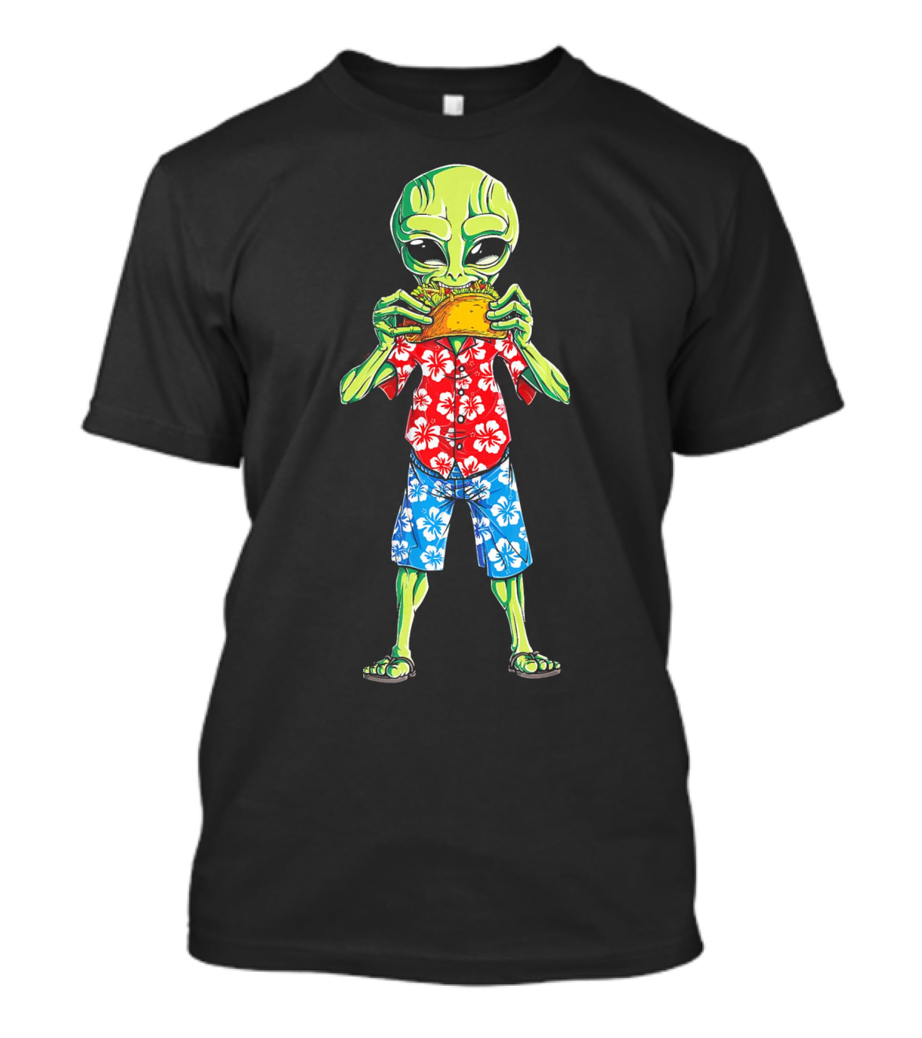 Alien Eating Taco In Hawaiian Shirt 70s California Retro T-Shirt