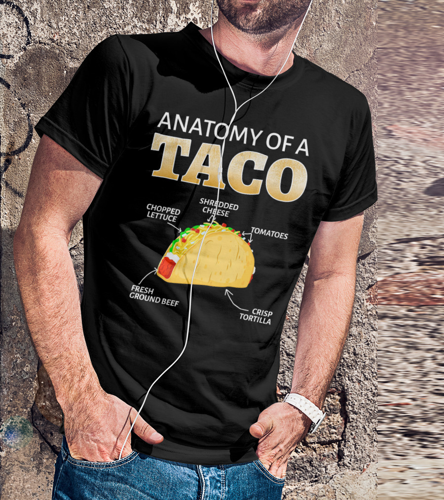 ANATOMY OF A TACO TACO LOVER CHOPPED LETTUCE SHREDDED CHEESE TOMATOES FRESH GROUND BEEF CRISP TORTILLA T-Shirt