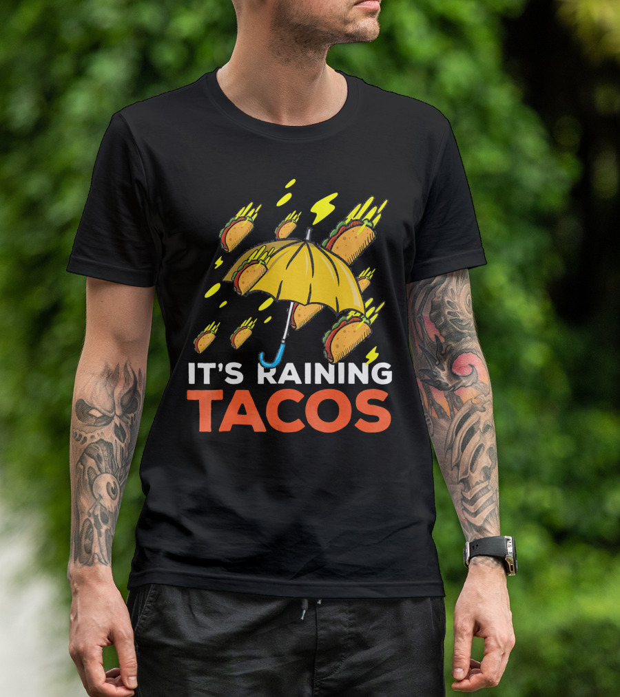 It's Raining Tacos Fun With Yellow Umbrella And Flying Tacos T-Shirt