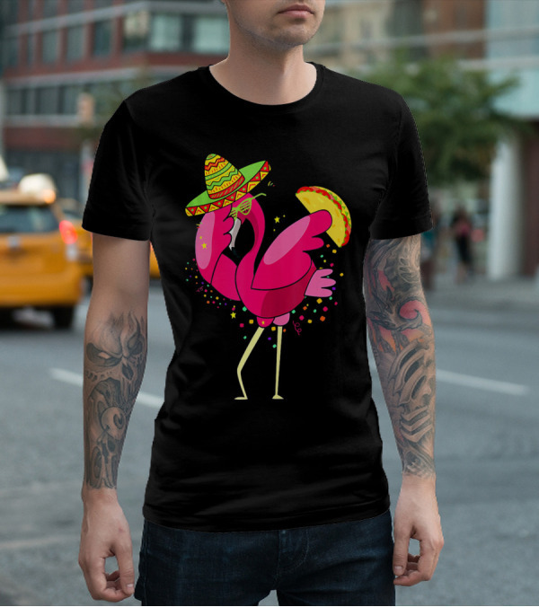 Funny Flamingo Dabbing With Taco Sombrero Cinco De Mayo T-Shirt