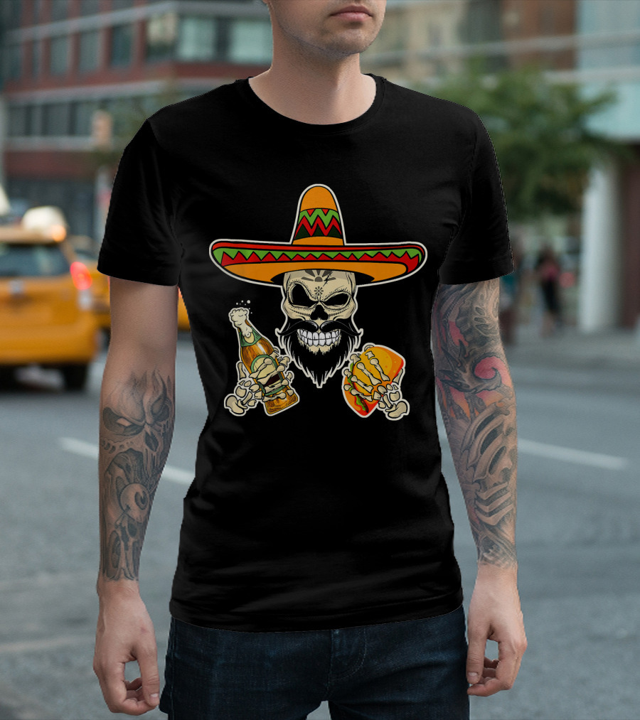 Sombrero-Wearing Sugar Skull with Beer and Tacos T-Shirt