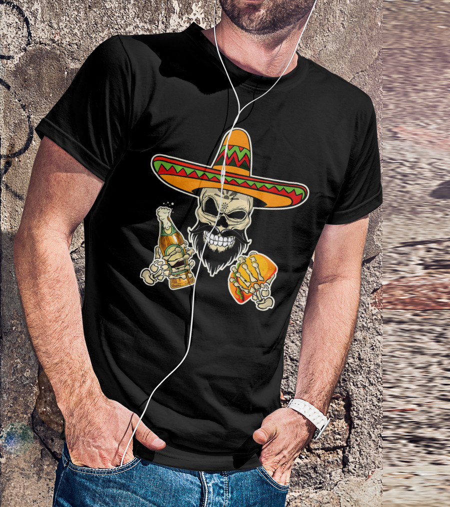 Sombrero-Wearing Sugar Skull With Beer And Tacos T-Shirt