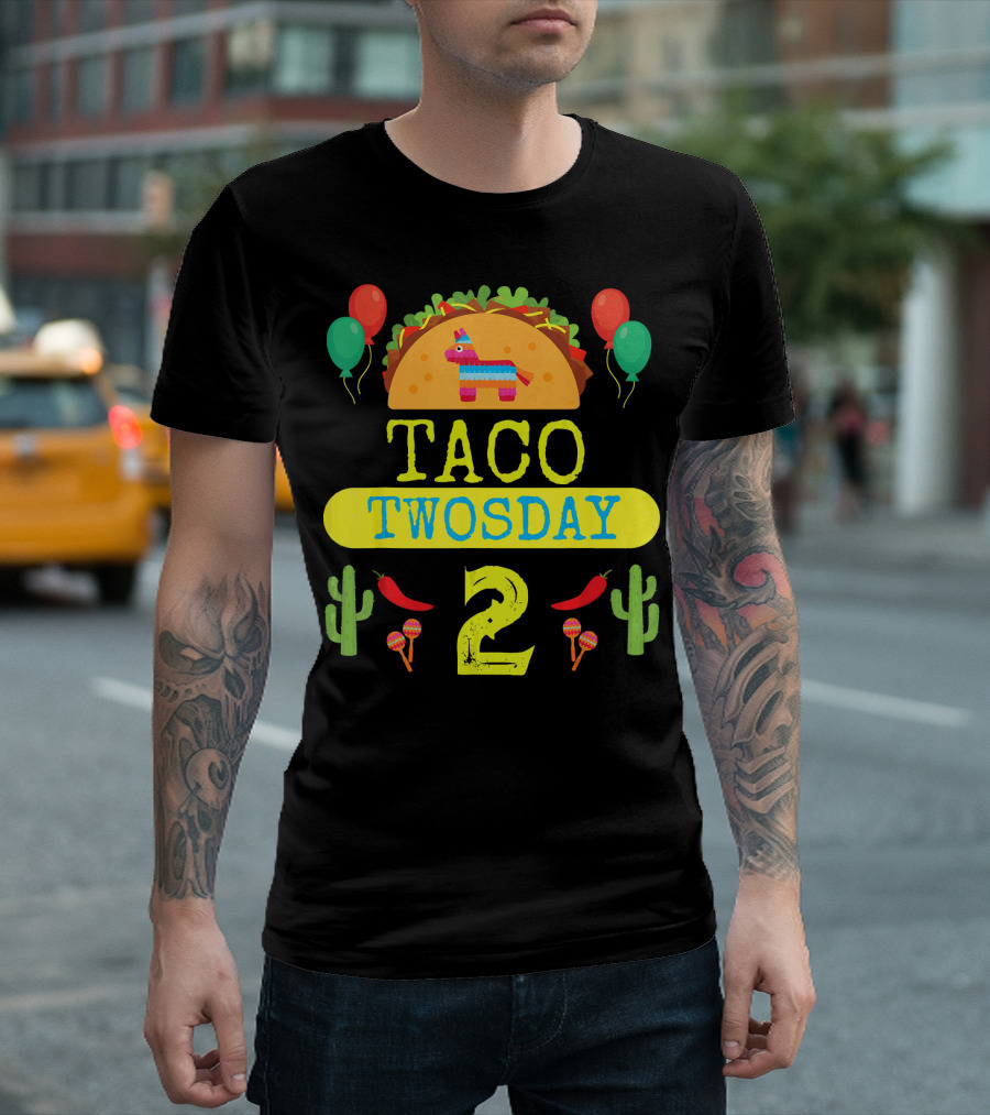 Taco Twosday Kids Birthday Party with Cactus and Piñata Balloons Tuesday T-Shirt