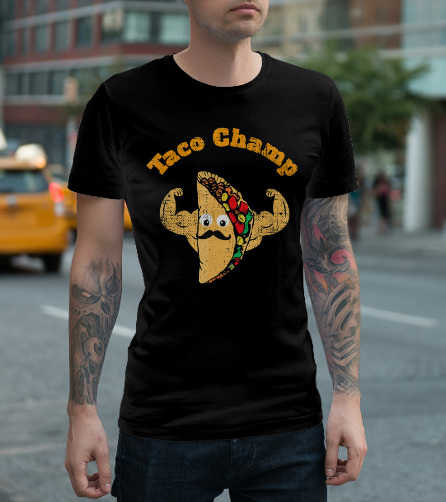 Taco Champ Flexing Strong Mustache Taco Emoji T-Shirt