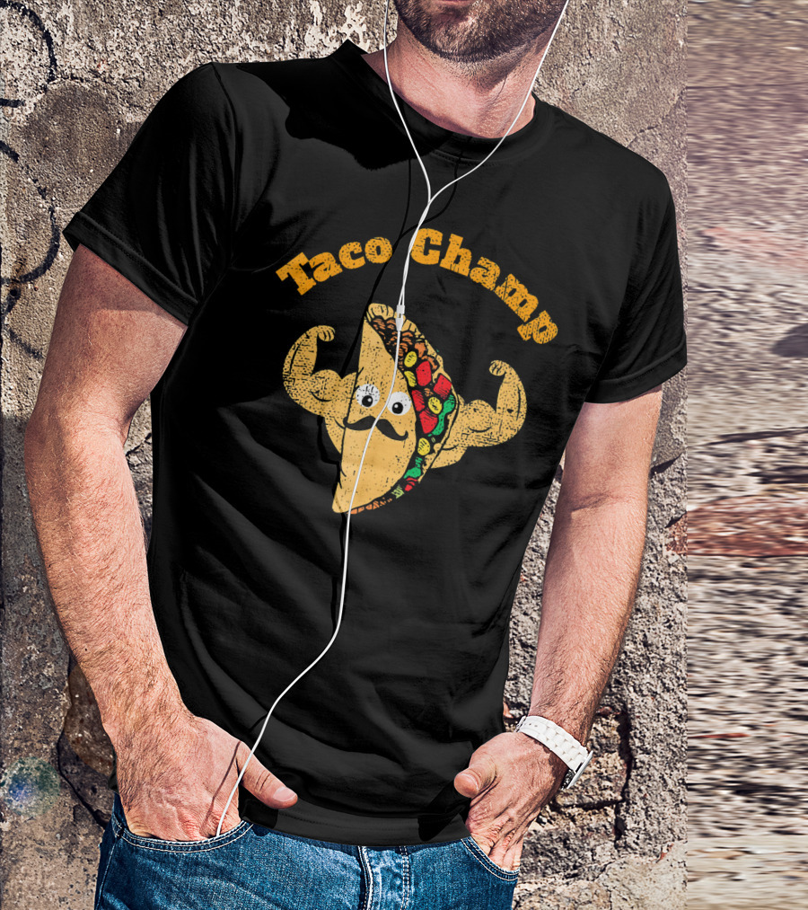Taco Champ Flexing Strong Mustache Taco Emoji T-Shirt
