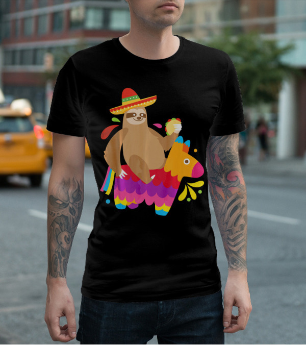 Sloth Taco Piñata Cute Mexican Fiesta Sombrero Riding Rainbow T-Shirt