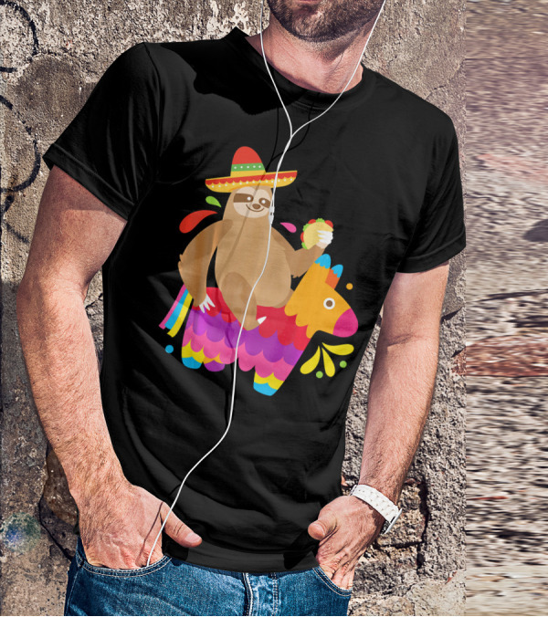 Sloth Taco Piñata Cute Mexican Fiesta Sombrero Riding Rainbow T-Shirt