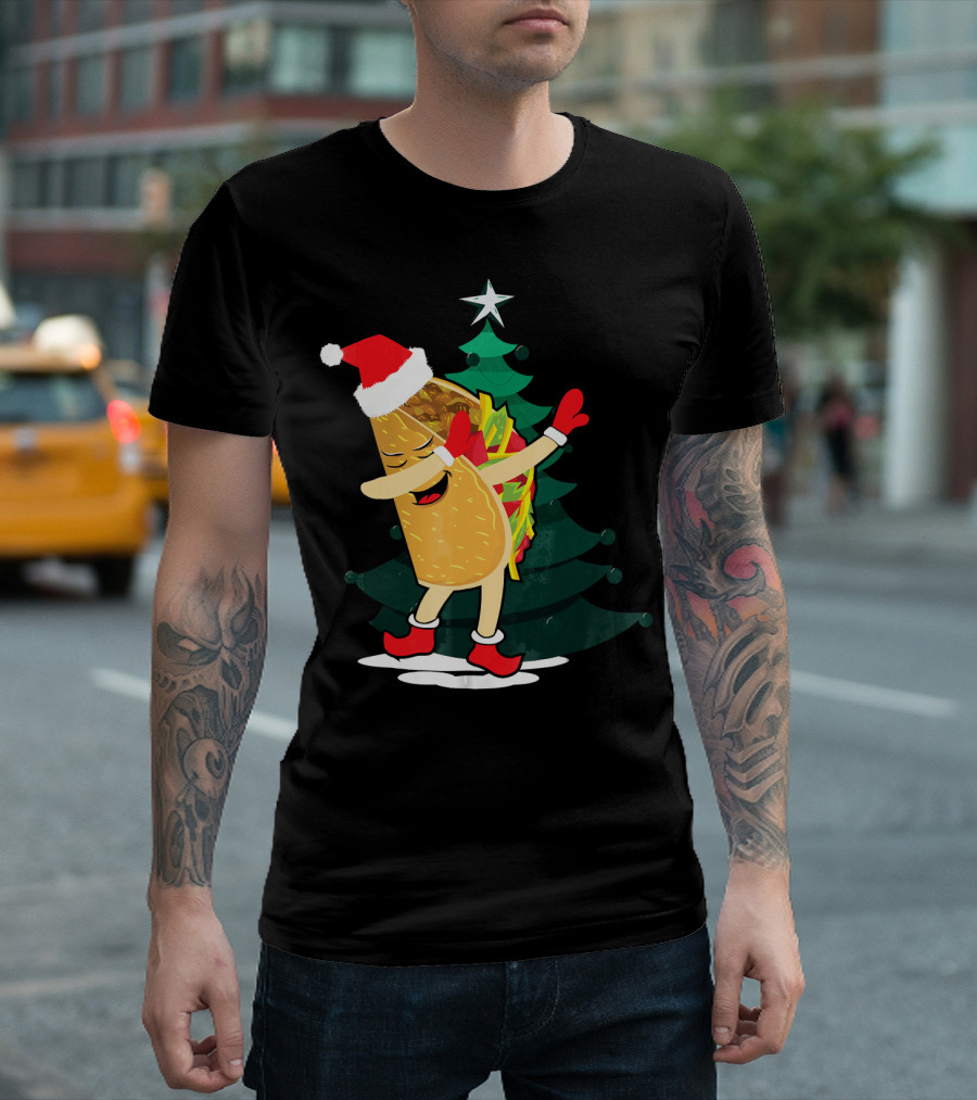 Dabbing Taco Christmas Santa Hat and Tree T-Shirt