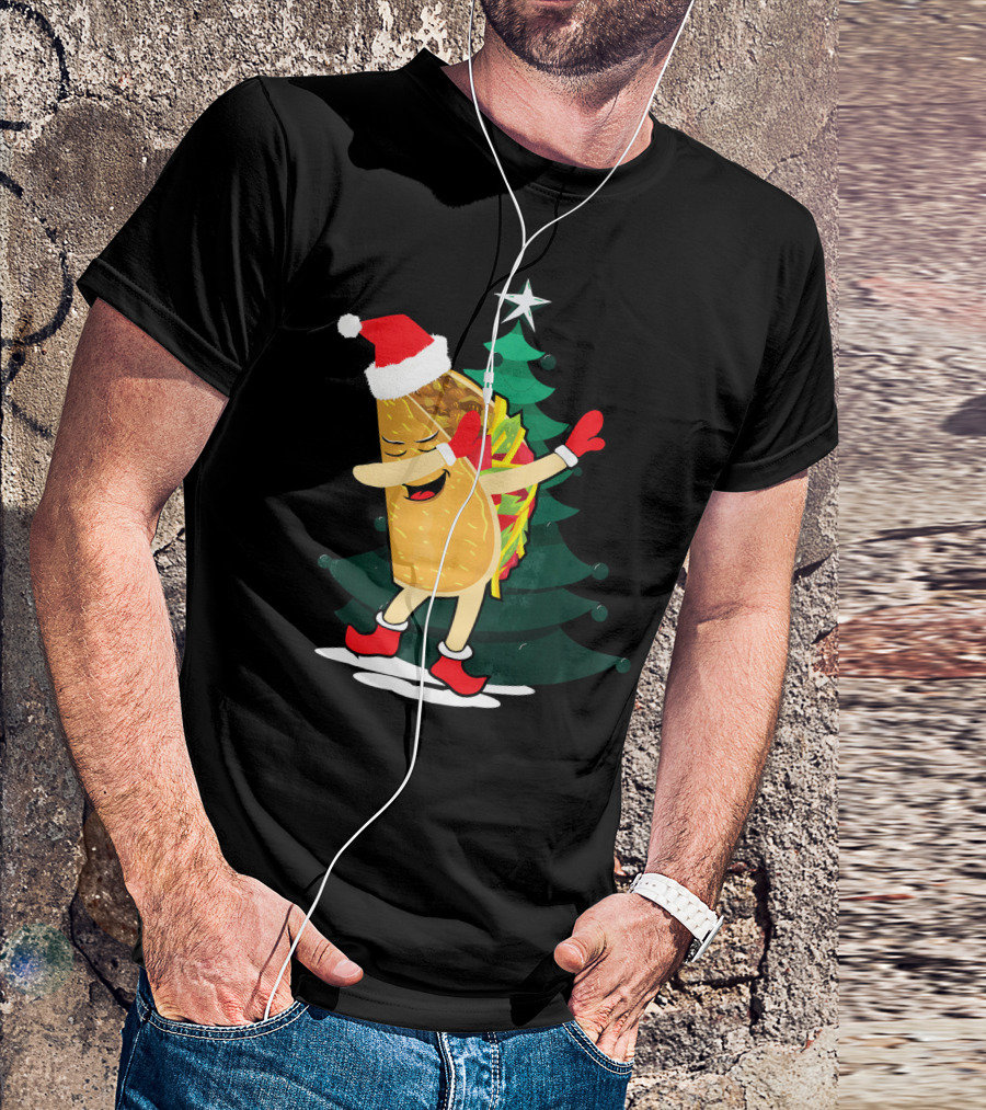 Dabbing Taco Christmas Santa Hat And Tree T-Shirt