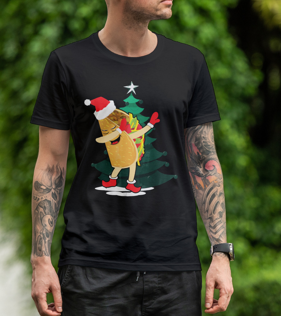 Dabbing Taco Christmas Santa Hat And Tree T-Shirt