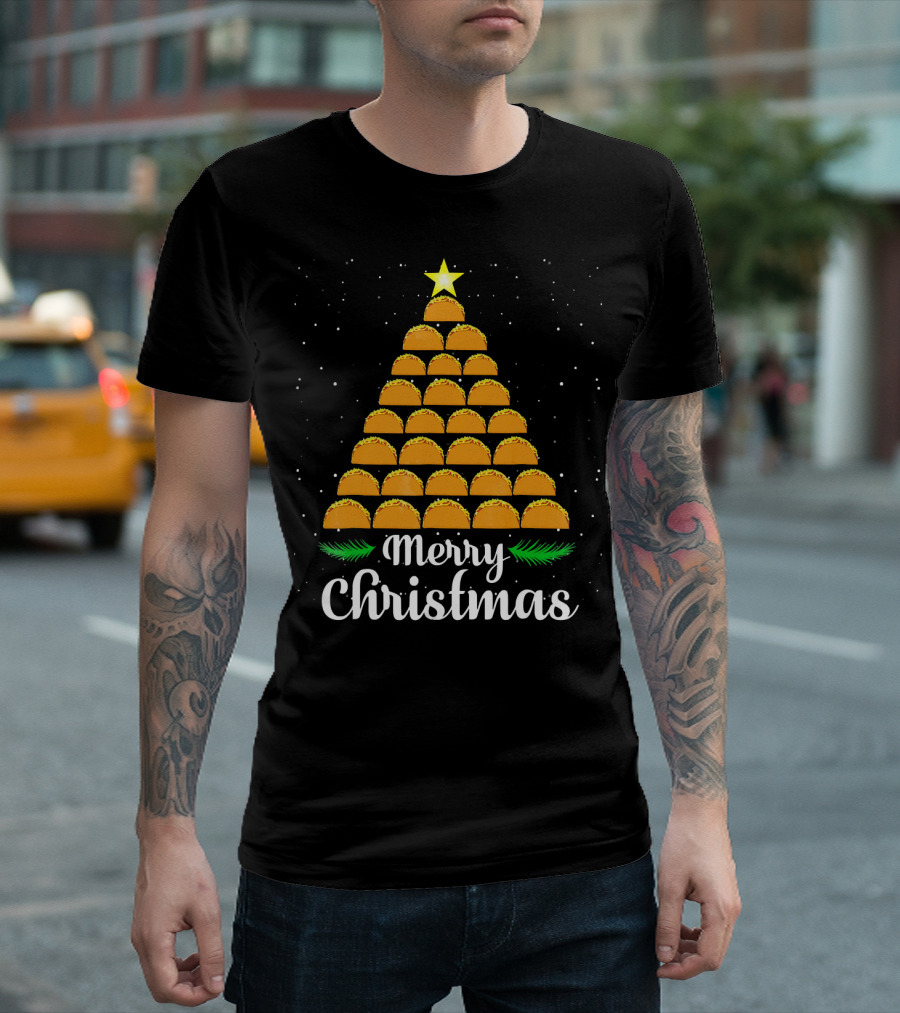 Merry Christmas Taco Tree with Star and Snowflakes T-Shirt