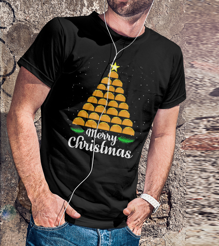 Merry Christmas Taco Tree With Star And Snowflakes T-Shirt