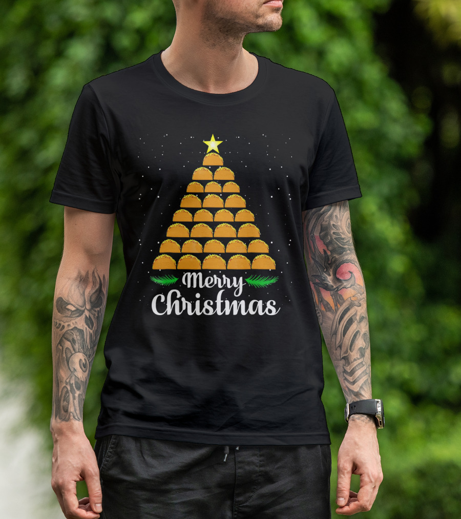 Merry Christmas Taco Tree With Star And Snowflakes T-Shirt
