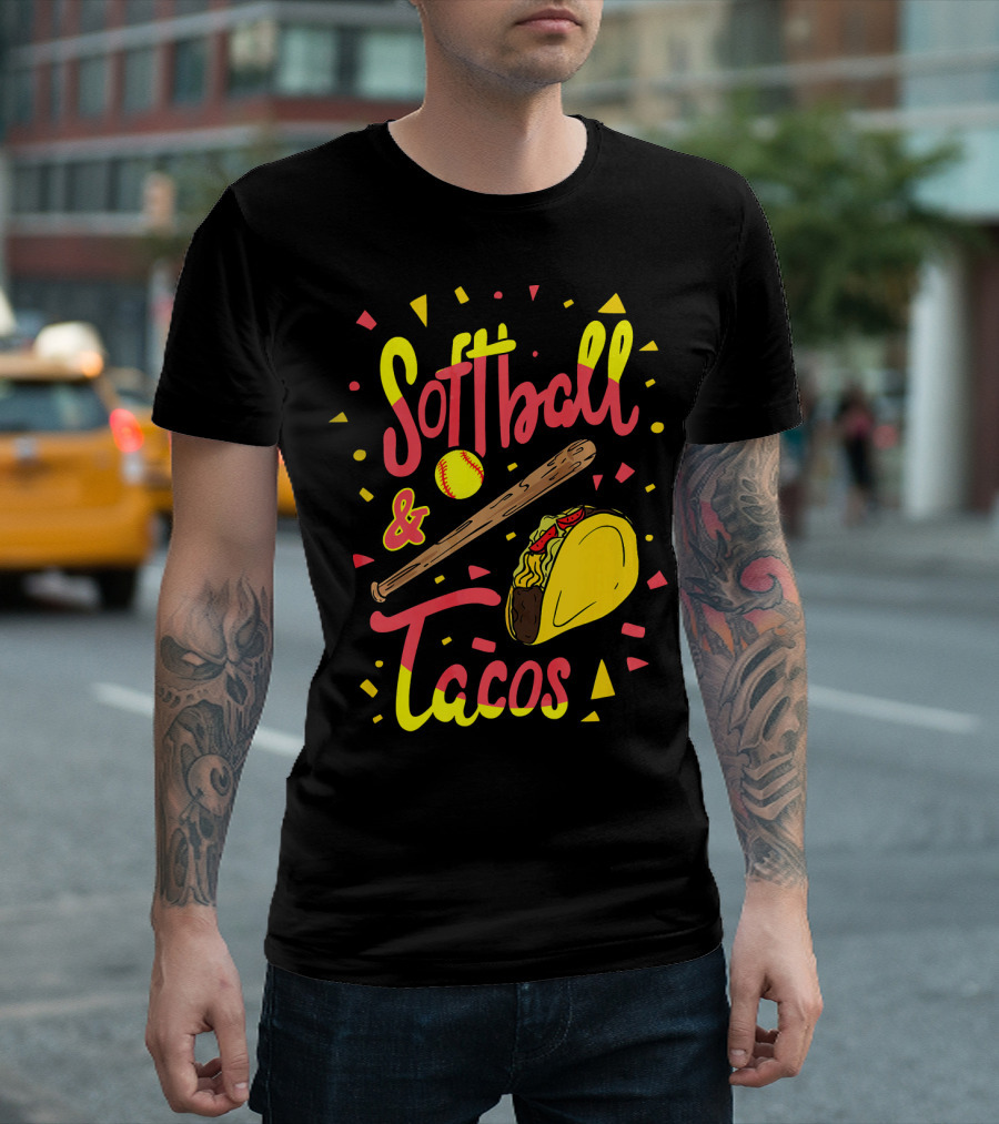Softball and Tacos Funny Taco and Mexican Softball Bat and Ball Icons T-Shirt