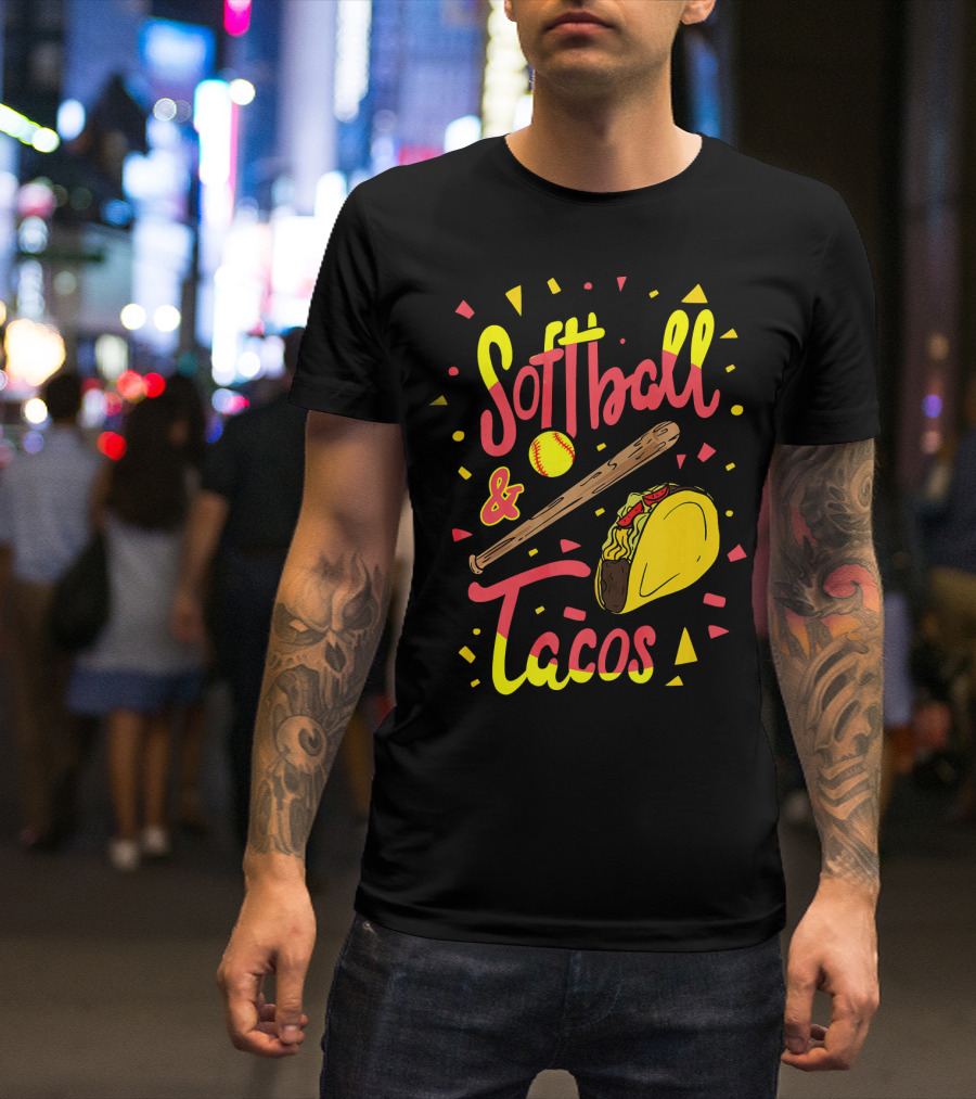 Softball And Tacos Funny Taco And Mexican Softball Bat And Ball Icons T-Shirt