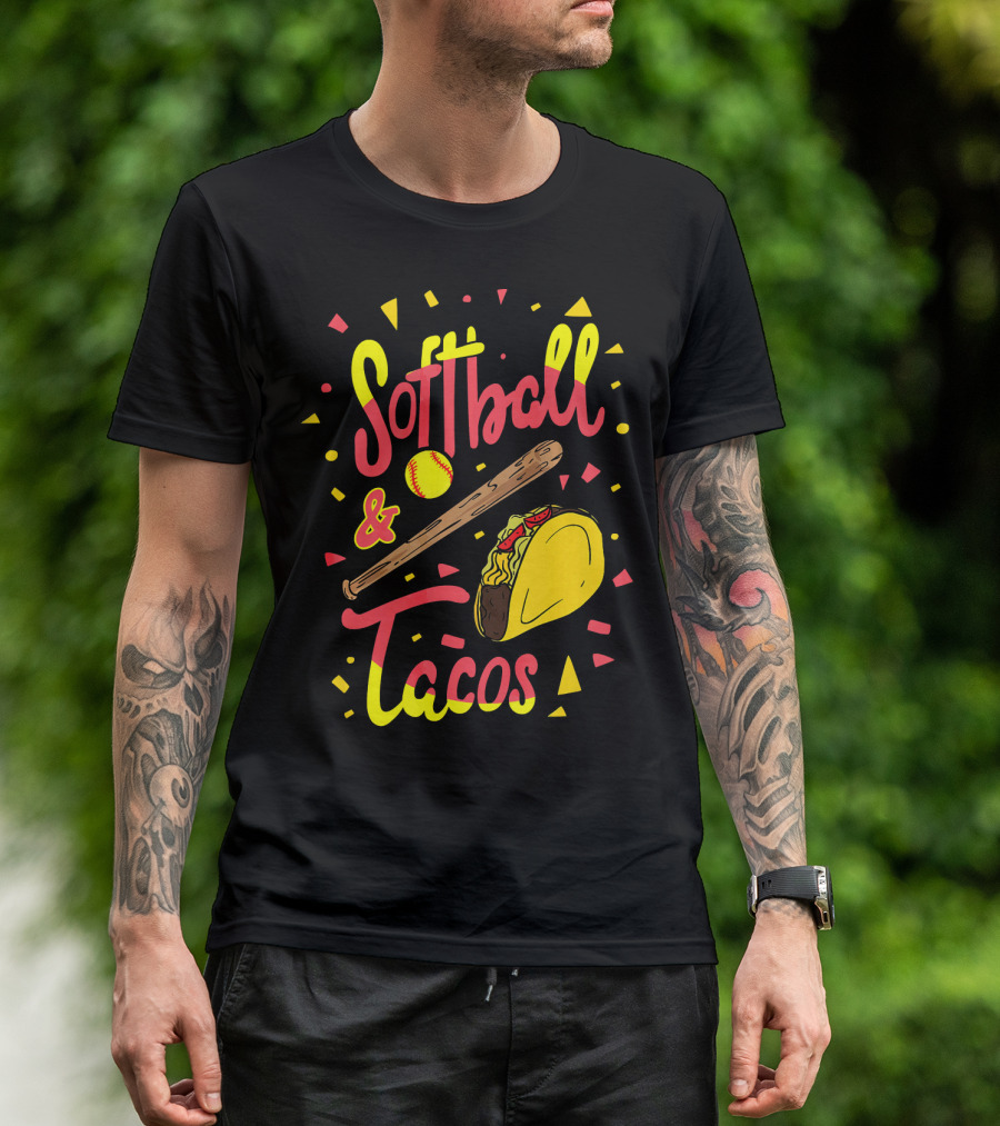 Softball And Tacos Funny Taco And Mexican Softball Bat And Ball Icons T-Shirt