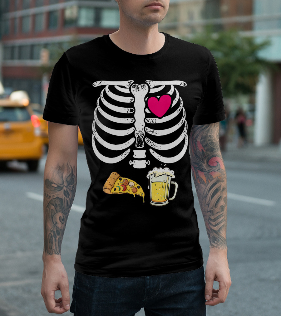 Skeleton Heart Pizza And Beer Xray T-Shirt