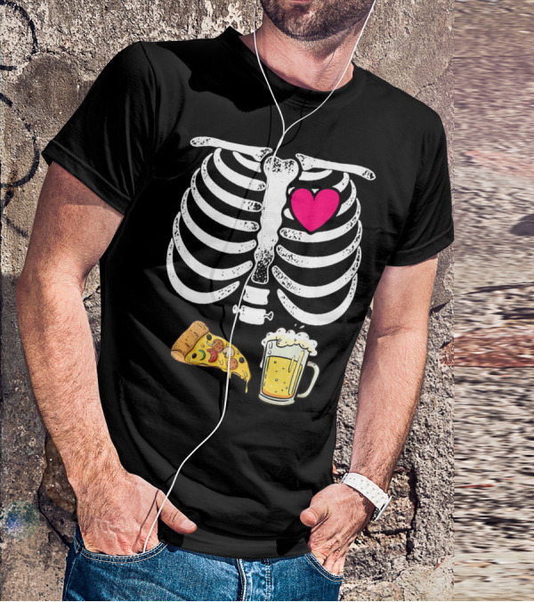 Skeleton Heart Pizza And Beer Xray T-Shirt
