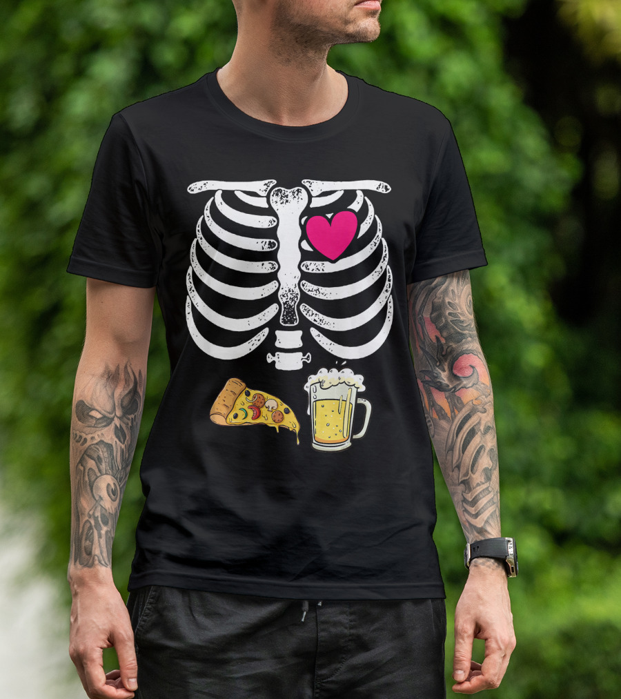 Skeleton Heart Pizza And Beer Xray T-Shirt