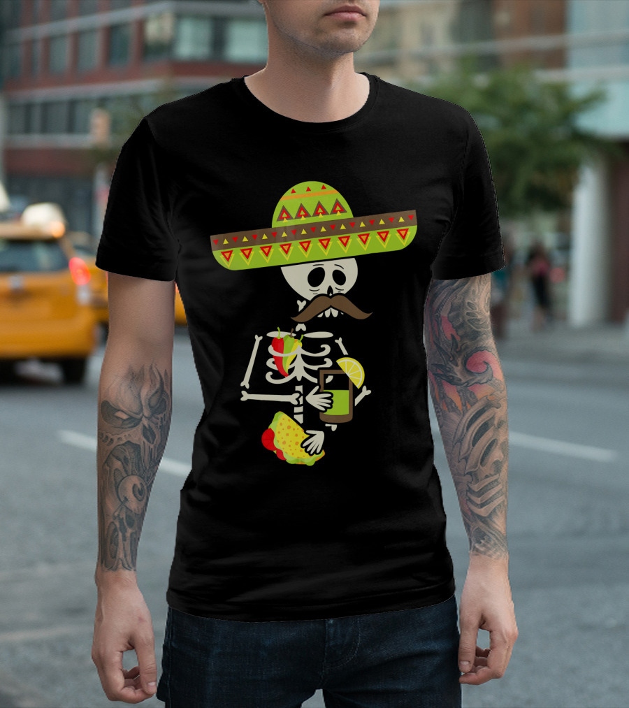 Mexican Skeleton Sombrero Holding Tequila Chili Tacos T-Shirt