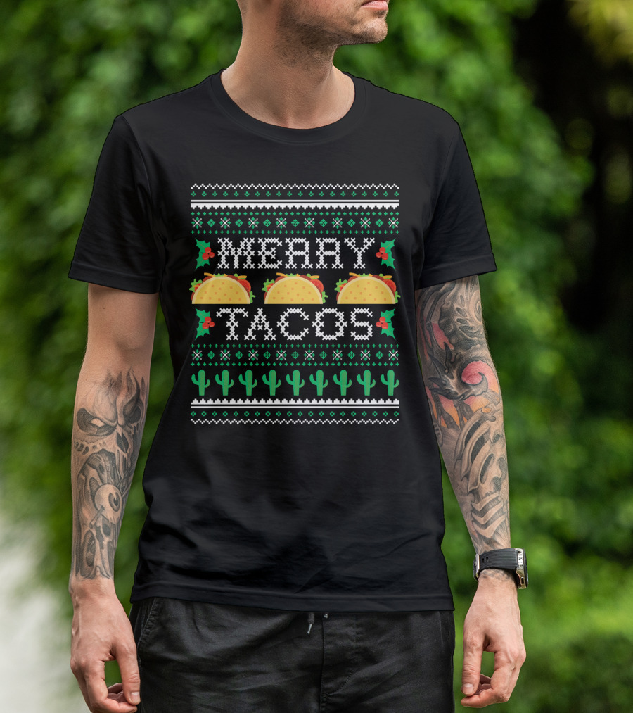 Merry Tacos Ugly Christmas Cactus Holly T-Shirt