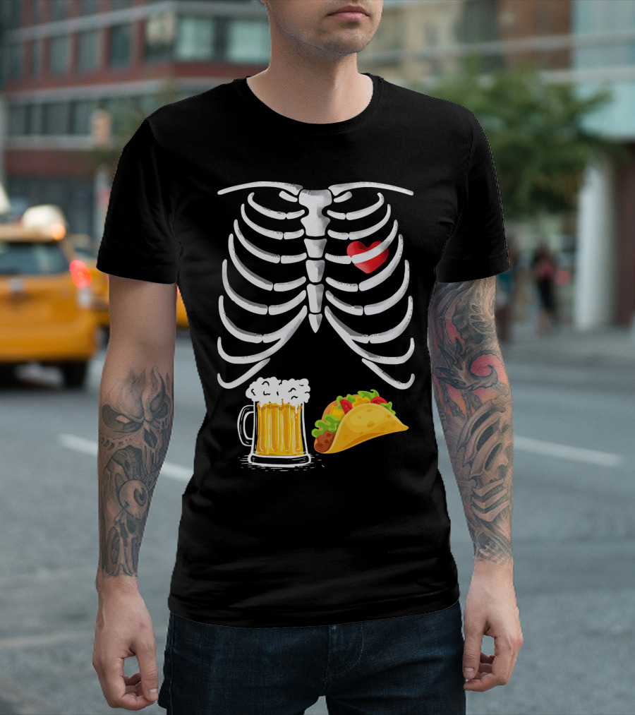 Tacos and Beer Skeleton Ribcage X-Ray Heart Pregnancy T-Shirt