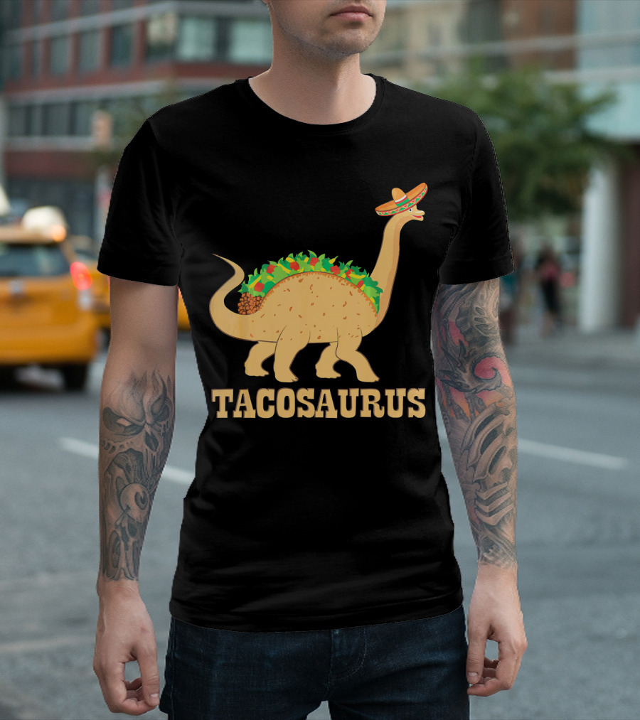 Tacosaurus Sombrero Wearing Dinosaur with Mexican Food Elements T-Shirt