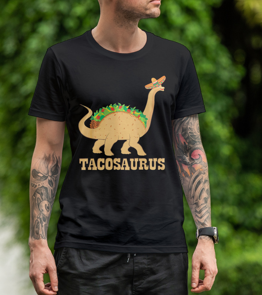 Tacosaurus Sombrero Wearing Dinosaur With Mexican Food Elements T-Shirt