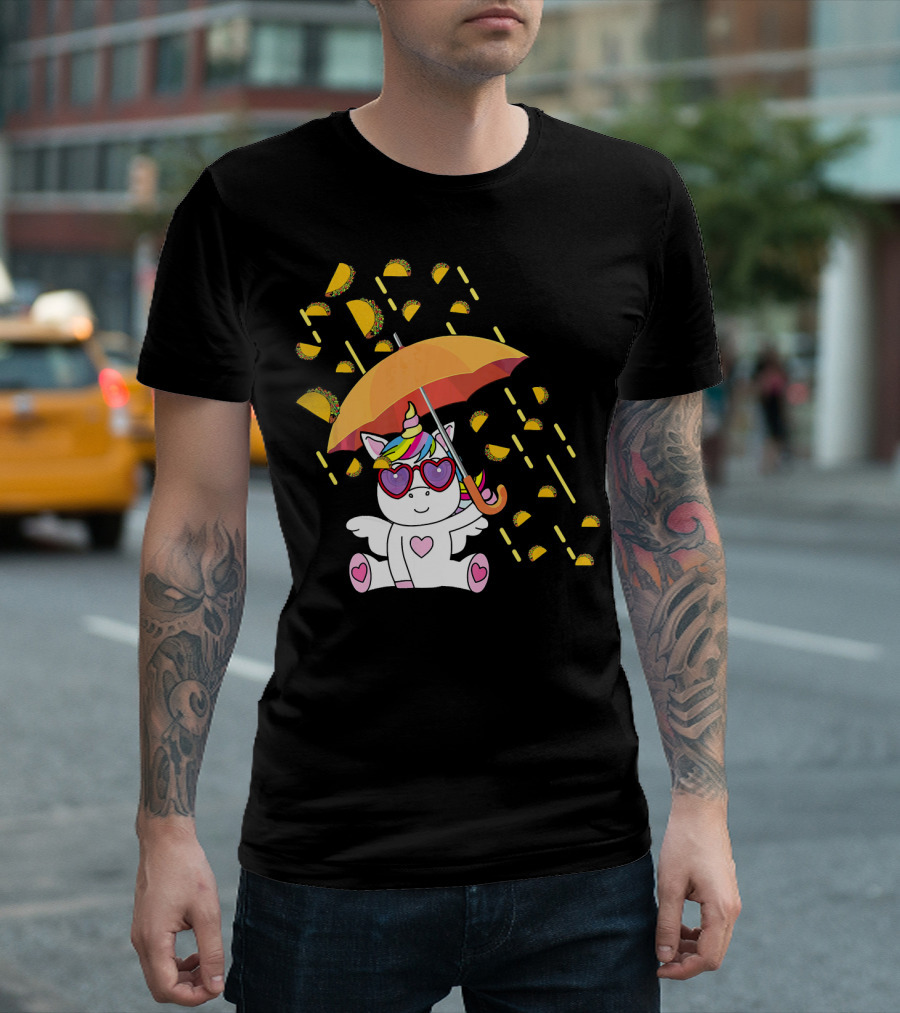Its Raining Tacos Funny Unicorn With Umbrella And Sunglasses T-Shirt