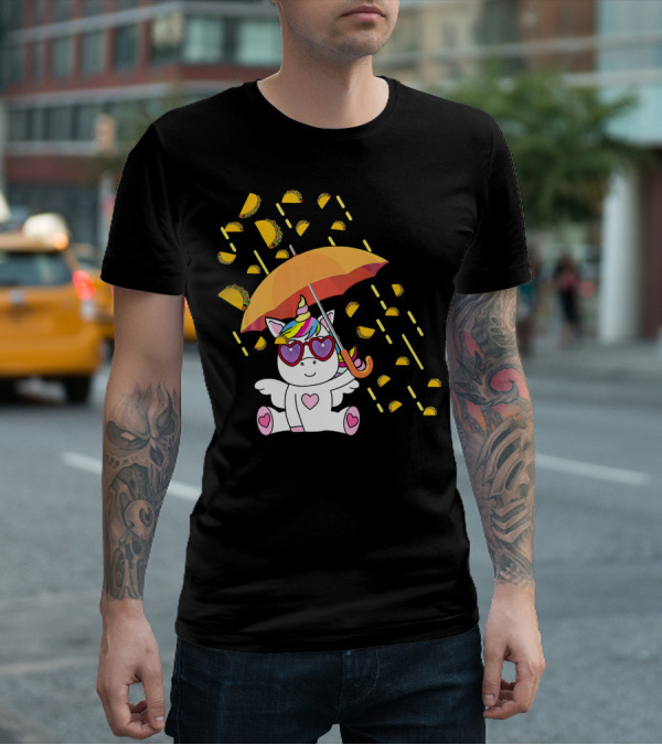 Its Raining Tacos Funny Unicorn With Umbrella And Sunglasses T-Shirt