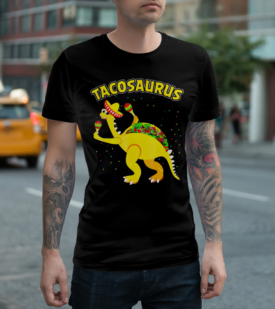 Tacosaurus Dinosaur Celebrating with Maracas and Sombrero T-Shirt