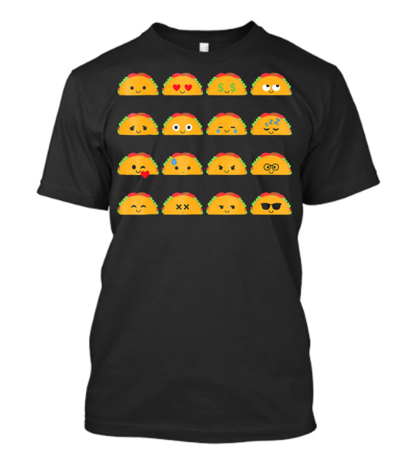 Taco Emoji Faces With Heart Eyes, Money, Glasses, Sunglasses, And Sleepy Expressions T-Shirt