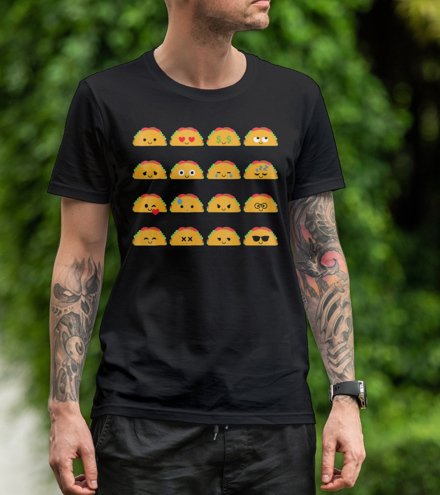 Taco Emoji Faces With Heart Eyes, Money, Glasses, Sunglasses, And Sleepy Expressions T-Shirt