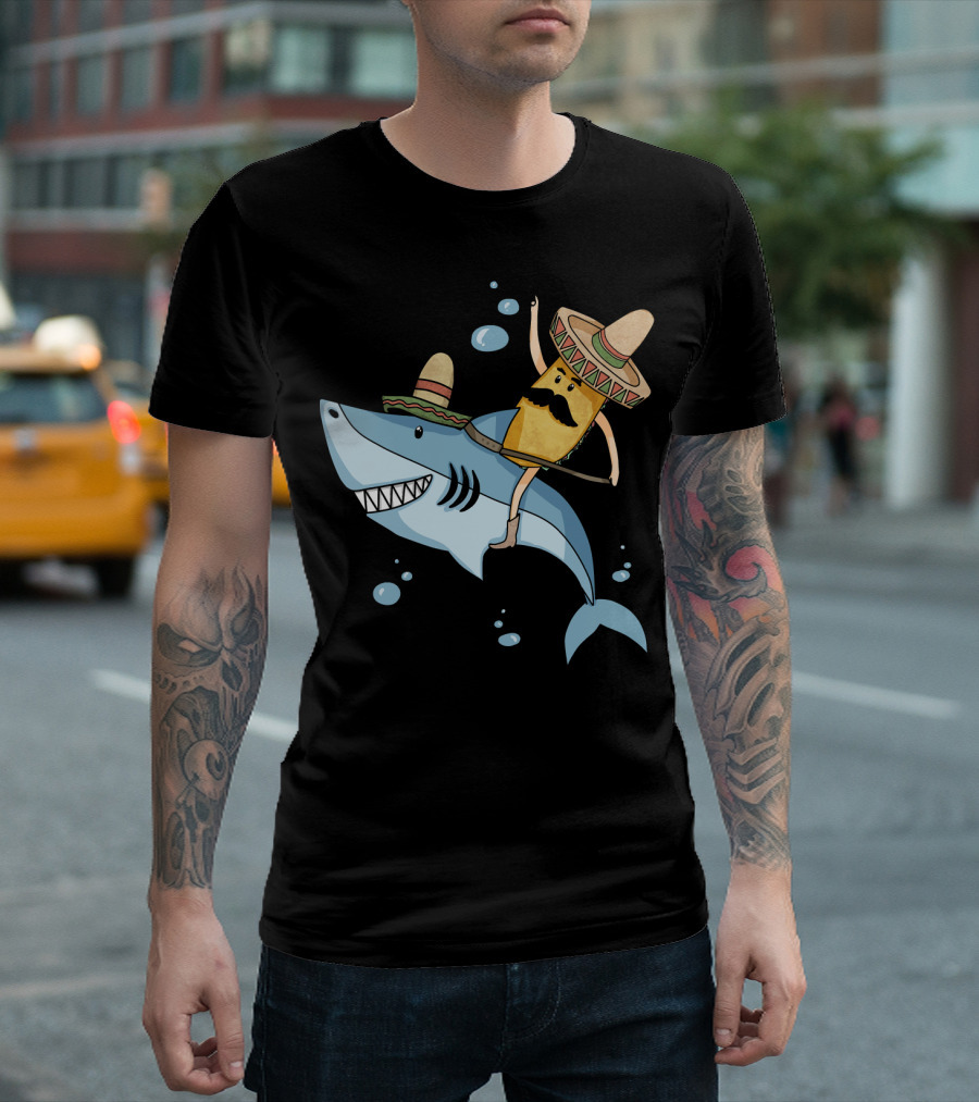 Taco Guy Riding Sombrero Shark Funny Mexican Style Long T-Shirt