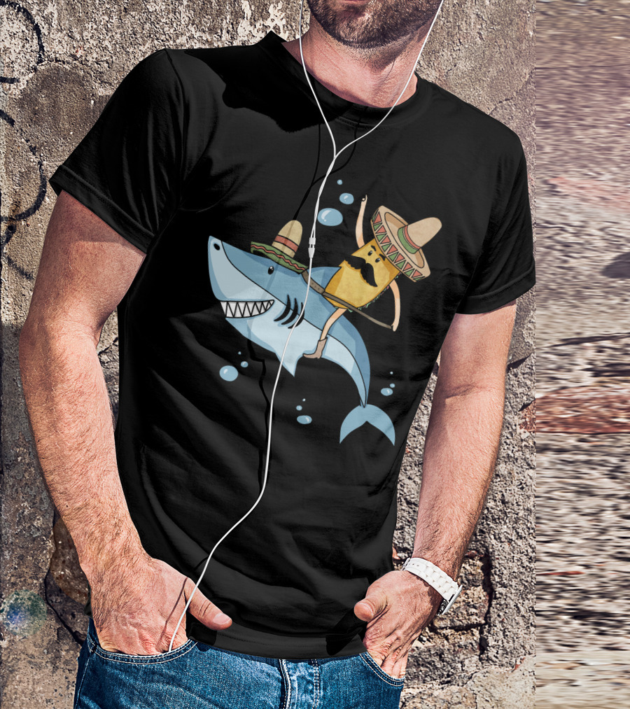 Taco Guy Riding Sombrero Shark Funny Mexican Style Long T-Shirt