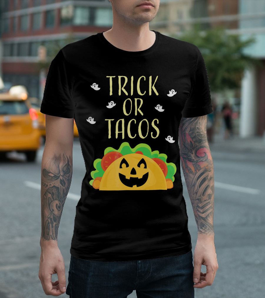 Trick or Tacos Halloween Ghosts with Smiling Taco T-Shirt