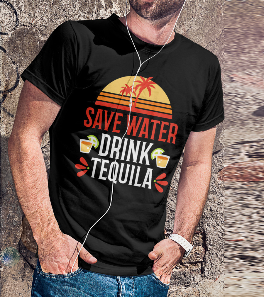 Save Water Drink Tequila Mexican Palm Sunset Lime T-Shirt
