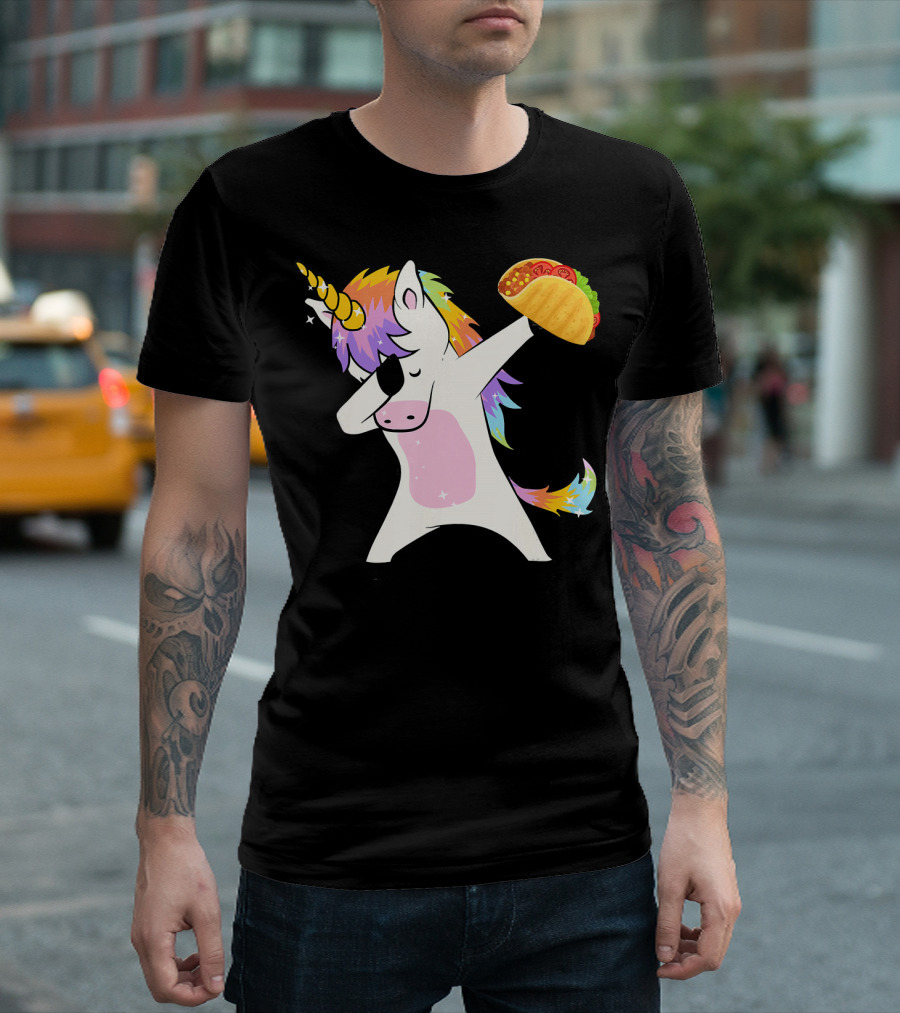Unicorn Dabbing With Taco And Rainbow Mane T-Shirt